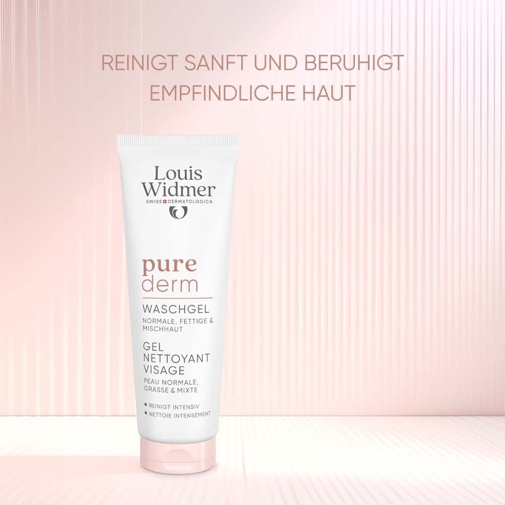 Produkt-Tube. Text: Louis Widmer, purederm Waschgel. Reinigt sanft und beruhigt empfindliche Haut.
