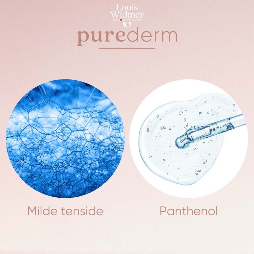 Zwei Abbildungen: Seifenblasen und Flüssigkeit mit Pipette. Text: Milde Tenside, Panthenol.