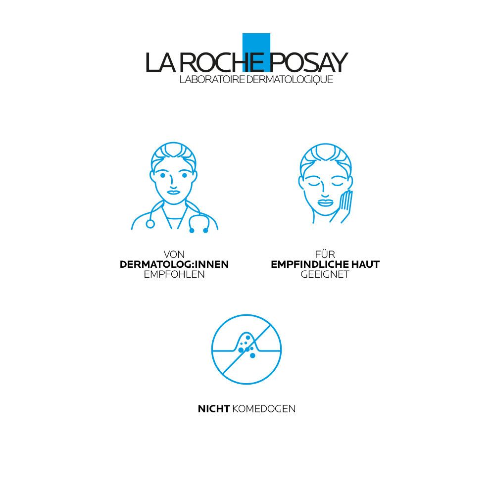 La Roche-Posay Logo. Text: Von Dermatolog:innen empfohlen. Für empfindliche Haut geeignet. Nicht komedogen.