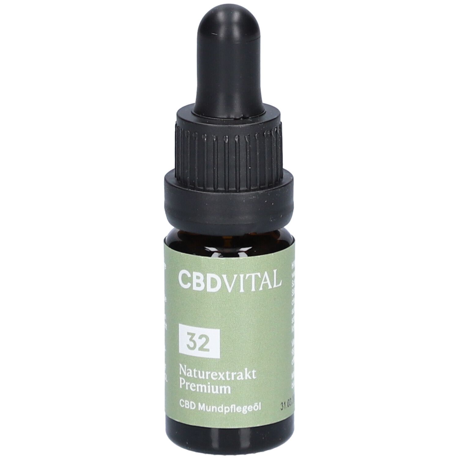 Braune Glasflasche mit schwarzem Tropfer. Aufkleber mit grünem Hintergrund und weißer Schrift: CBDVITAL, 32, Naturextrakt Premium.