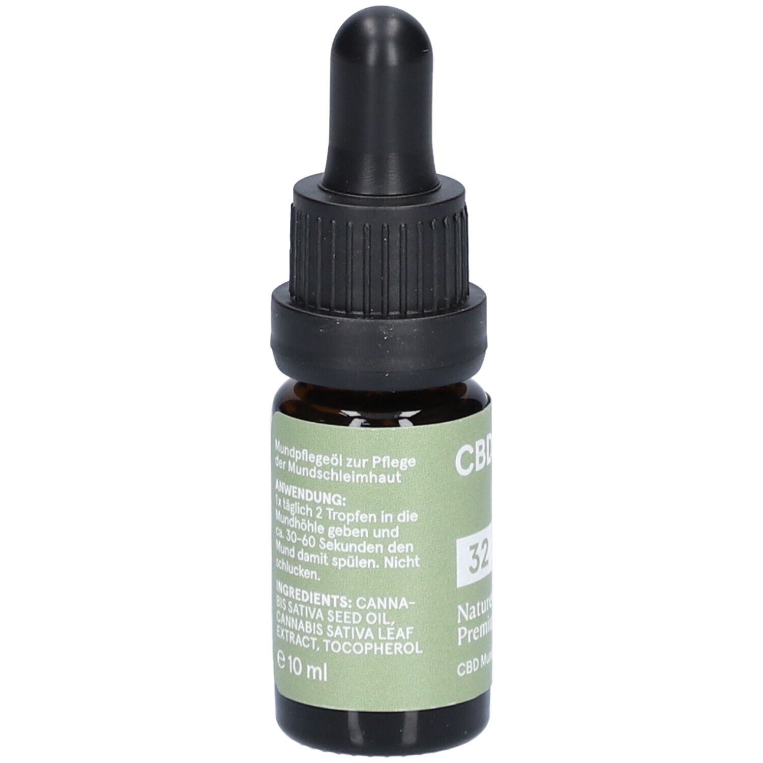 Braune Glasflasche mit schwarzem Tropfer. Aufkleber mit grüner Schrift: Anwendung, Inhaltsstoffe: CANNABIS SATIVA SEED OIL, 10 ml.