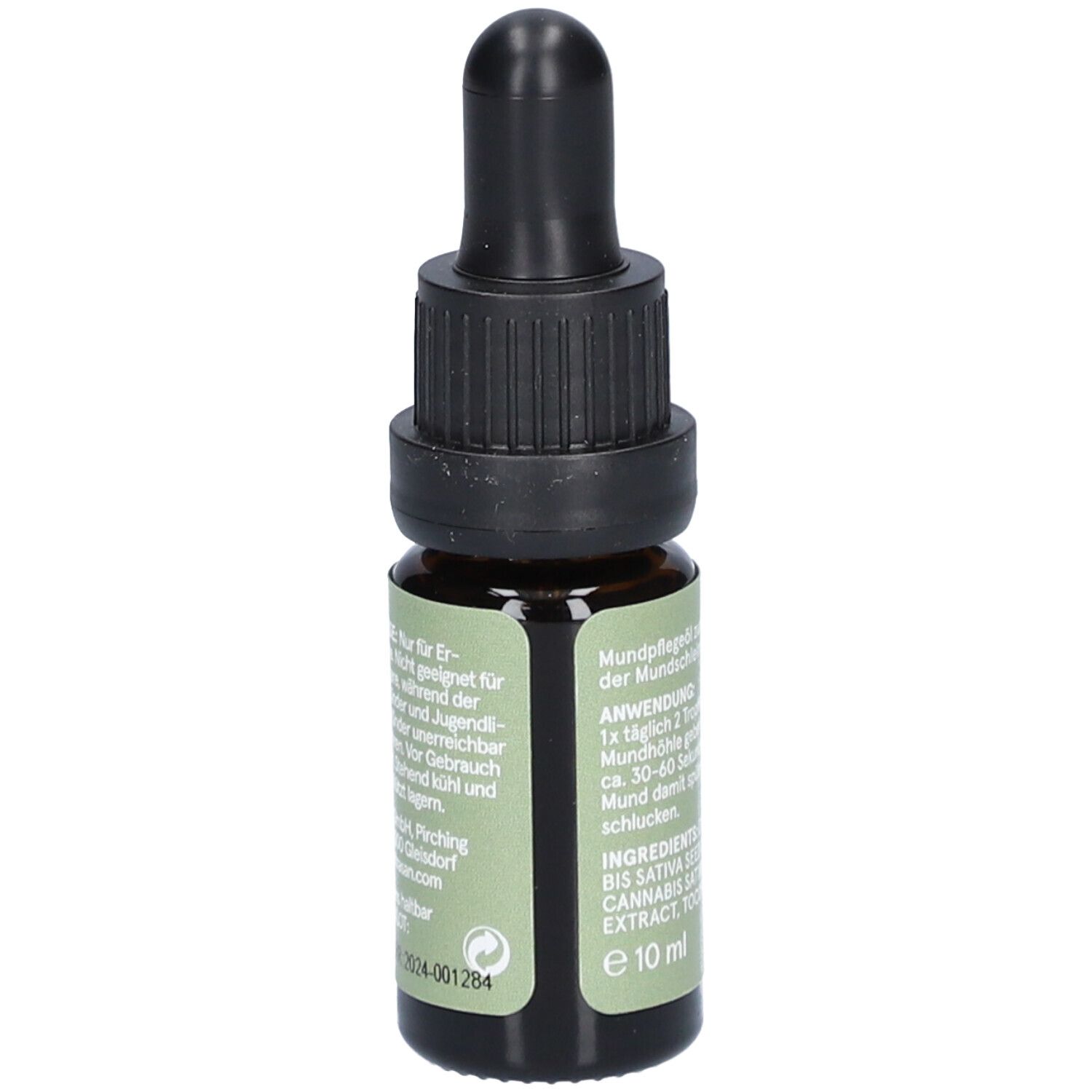 Braune Glasflasche mit schwarzem Tropfer. Aufkleber mit grüner Schrift: Anwendung, Inhaltsstoffe: CANNABIS SATIVA LEAF EXTRACT, 10 ml.