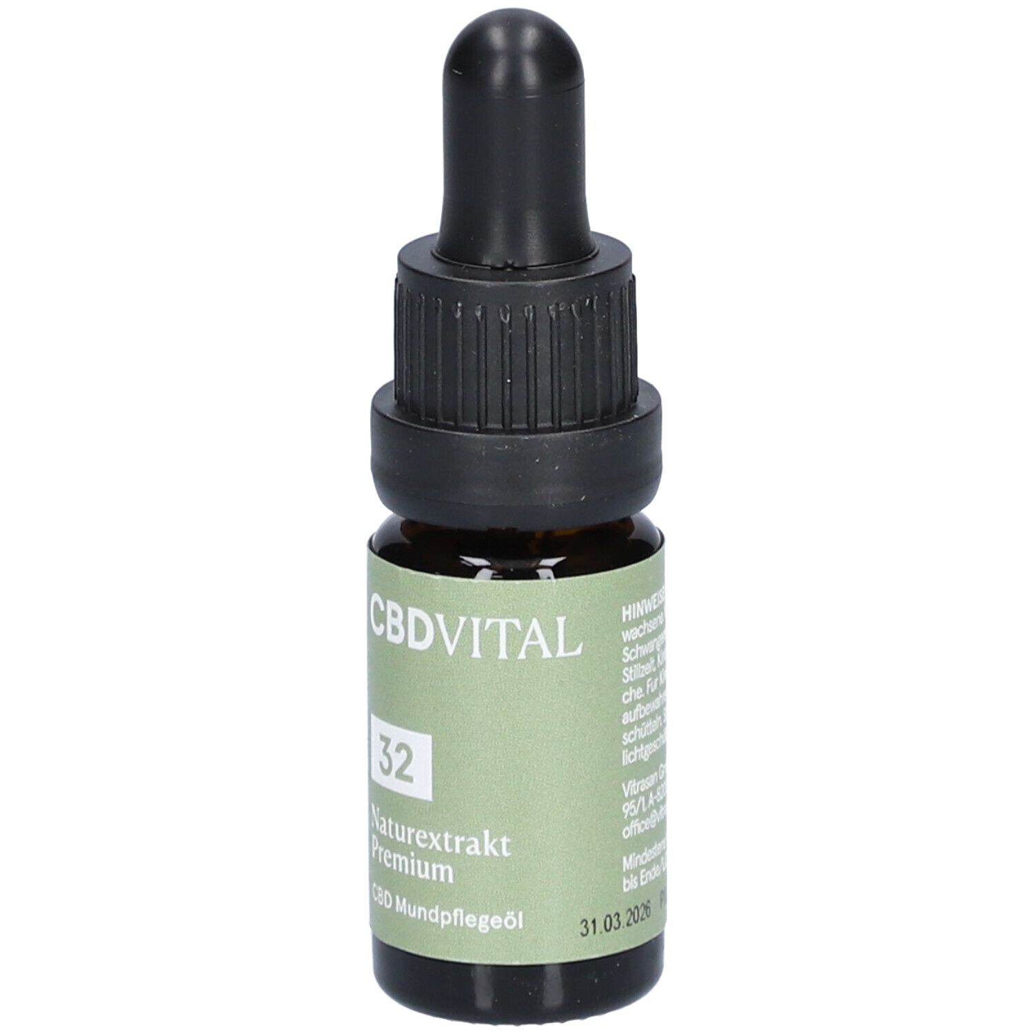 Braune Glasflasche mit schwarzem Tropfer. Aufkleber mit grüner Schrift: CBDVITAL, 32, Naturextrakt Premium, CBD Mundpflegeöl.