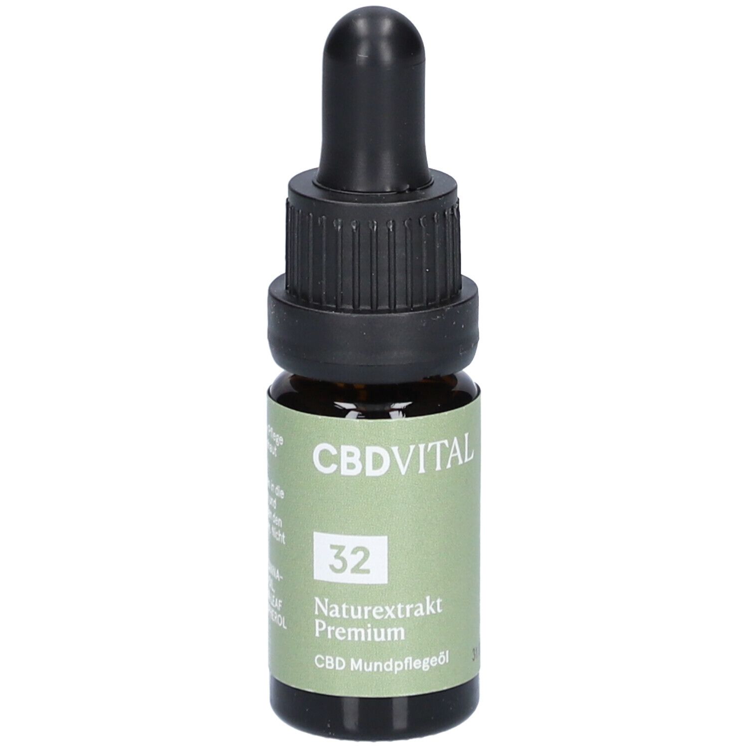 Braune Glasflasche mit schwarzem Tropfer. Aufkleber mit grüner Schrift: CBDVITAL, 32, Naturextrakt Premium, CBD Mundpflegeöl.