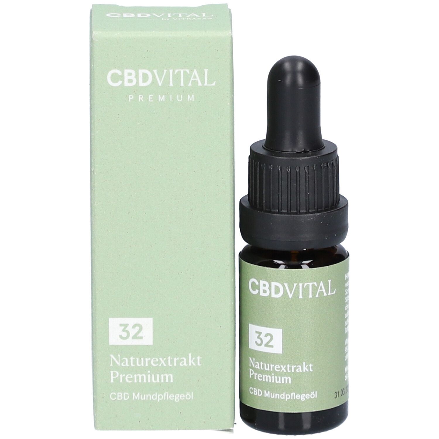 Braune Glasflasche mit schwarzem Tropfer und grüne Verpackung. Aufschrift: CBDVITAL, 32, Naturextrakt Premium, CBD Mundpflegeöl.