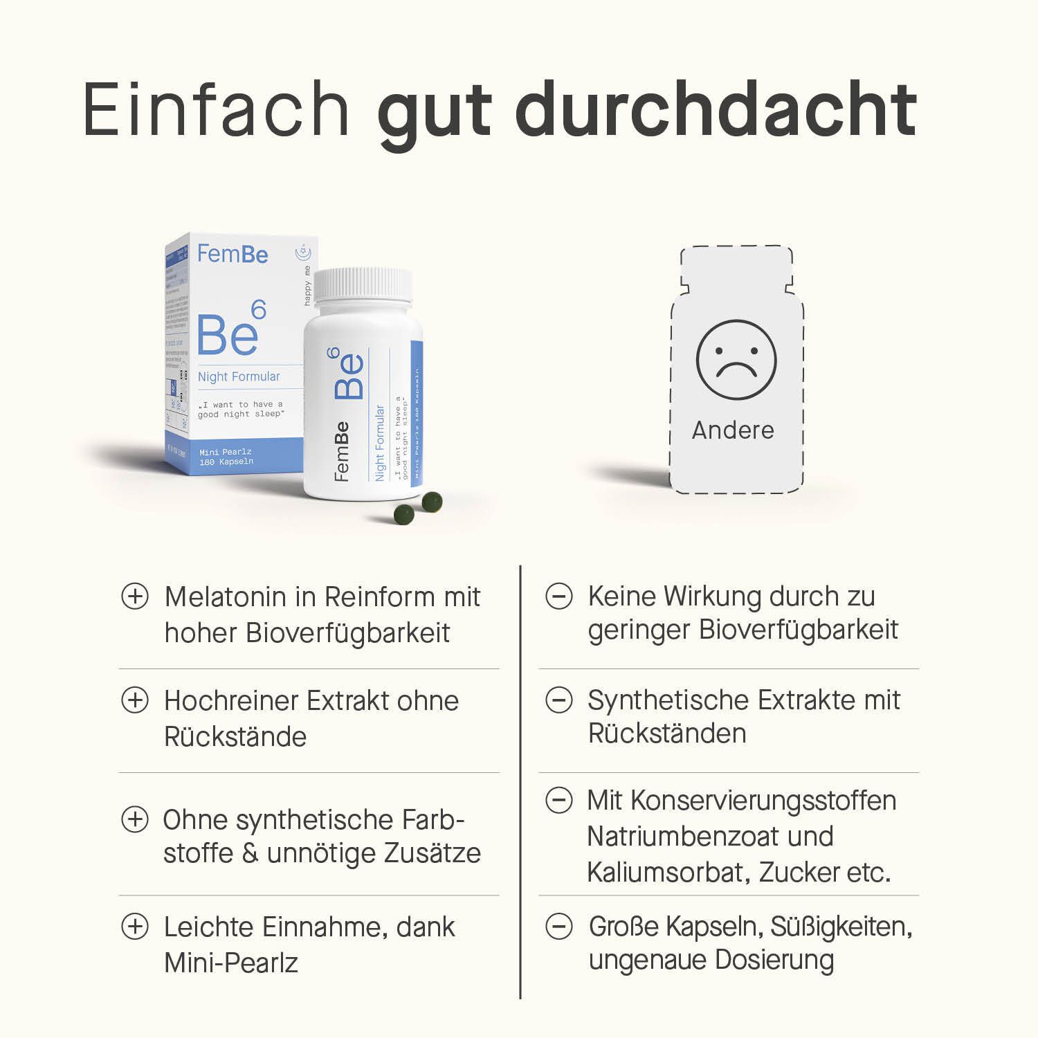 Produktabbildung mit Text. Vorteile: Melatonin, hochreiner Extrakt, ohne Farb- und Zusatzstoffe, leichte Einnahme. Nachteile: Keine Wirkung, synthetische Extrakte, Konservierungsstoffe, große Kapseln.