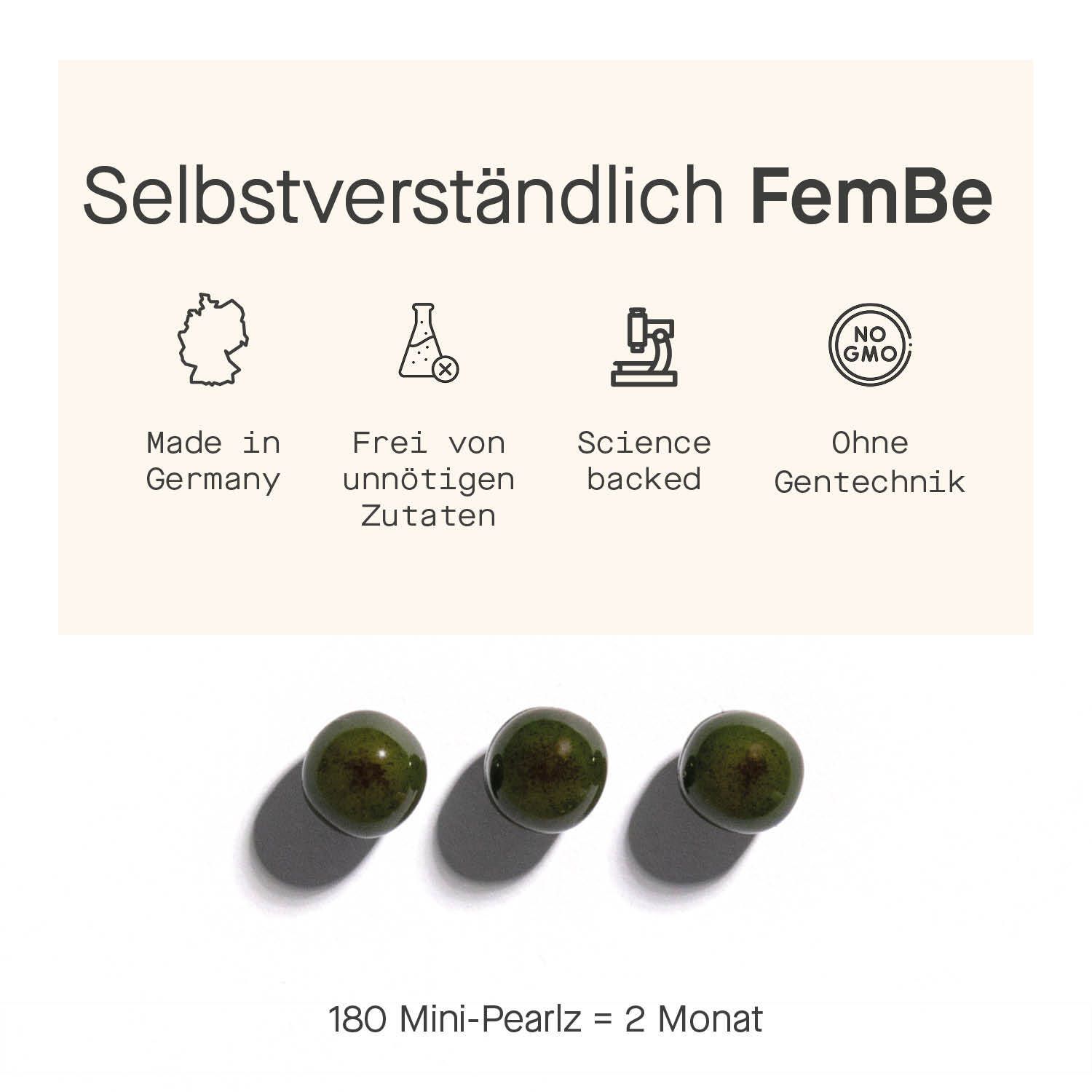 Drei grüne Mini-Perlen. Text: 180 Mini-Pearlz = 2 Monat. Made in Germany, frei von unnötigen Zutaten, Science backed, ohne Gentechnik.