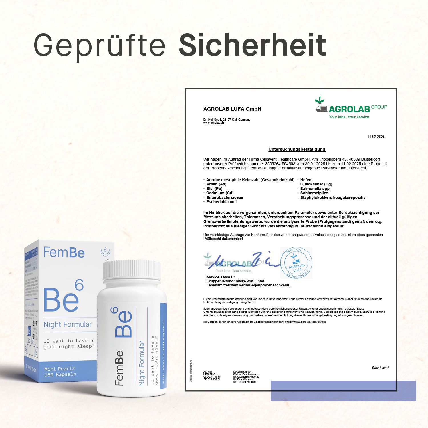 Zertifizierungsdokument. Text: Geprüfte Sicherheit. Produktabbildung: FemBe Be⁶ Night Formular, Mini Pearlz, 180 Kapseln.