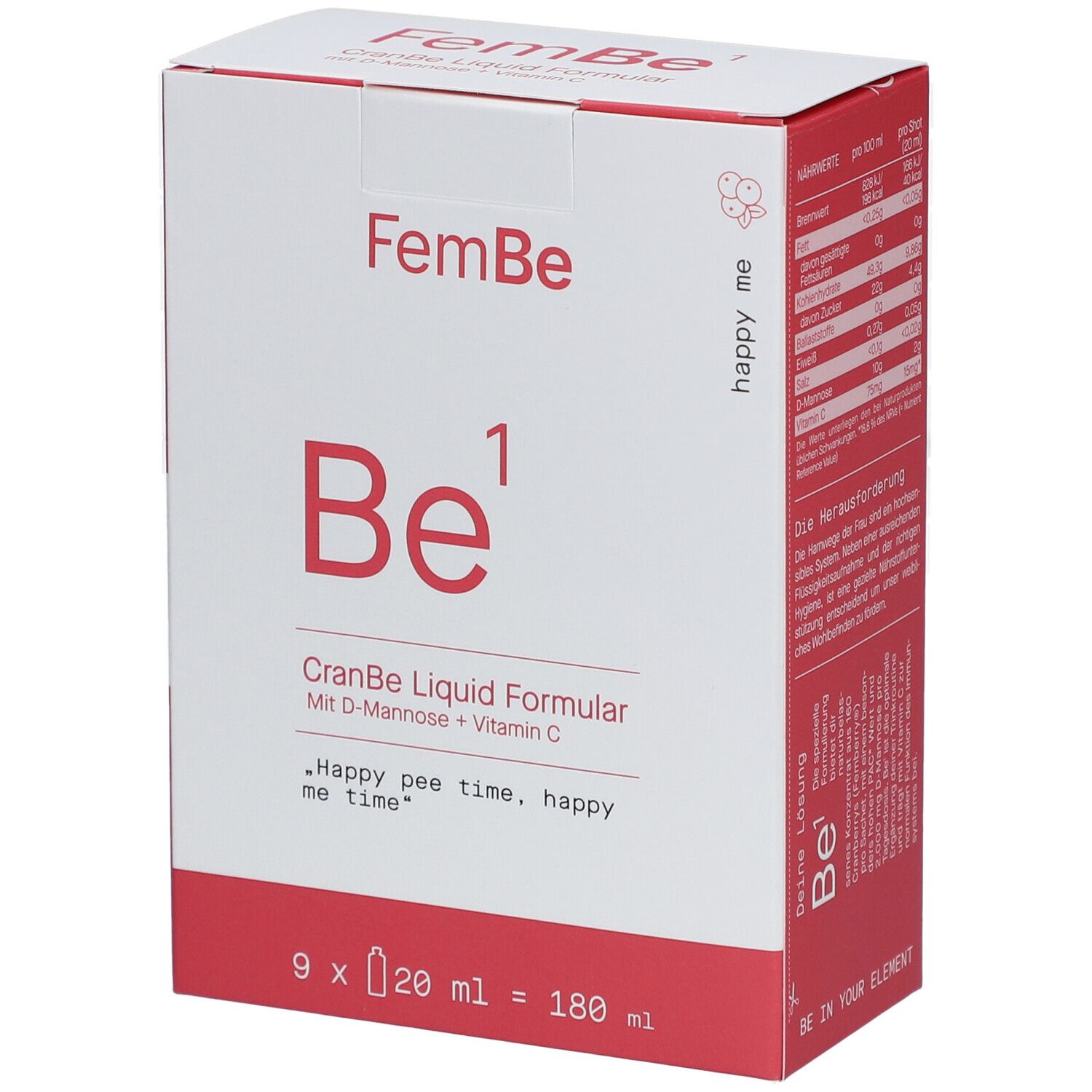 Weiße Schachtel mit roter Schrift. "FemBe Be¹ CranBe Liquid Formular". 9 x 20 ml. Enthält D-Mannose und Vitamin C.