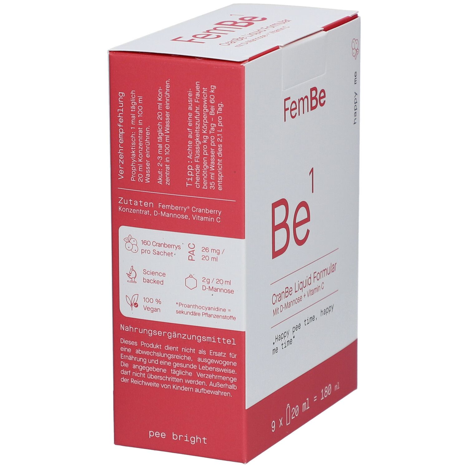 Schachtel mit Produktinformationen. "FemBe Be¹ CranBe Liquid Formular". Enthält D-Mannose und Vitamin C. 9 x 20 ml.