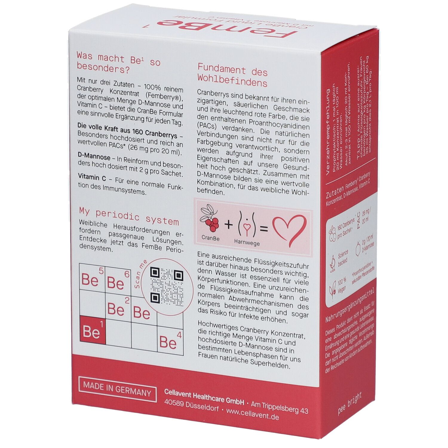 Rückseite der Schachtel. "FemBe Be¹ CranBe Liquid Formular". Informationen zu Inhaltsstoffen und Anwendung. Hergestellt in Deutschland.