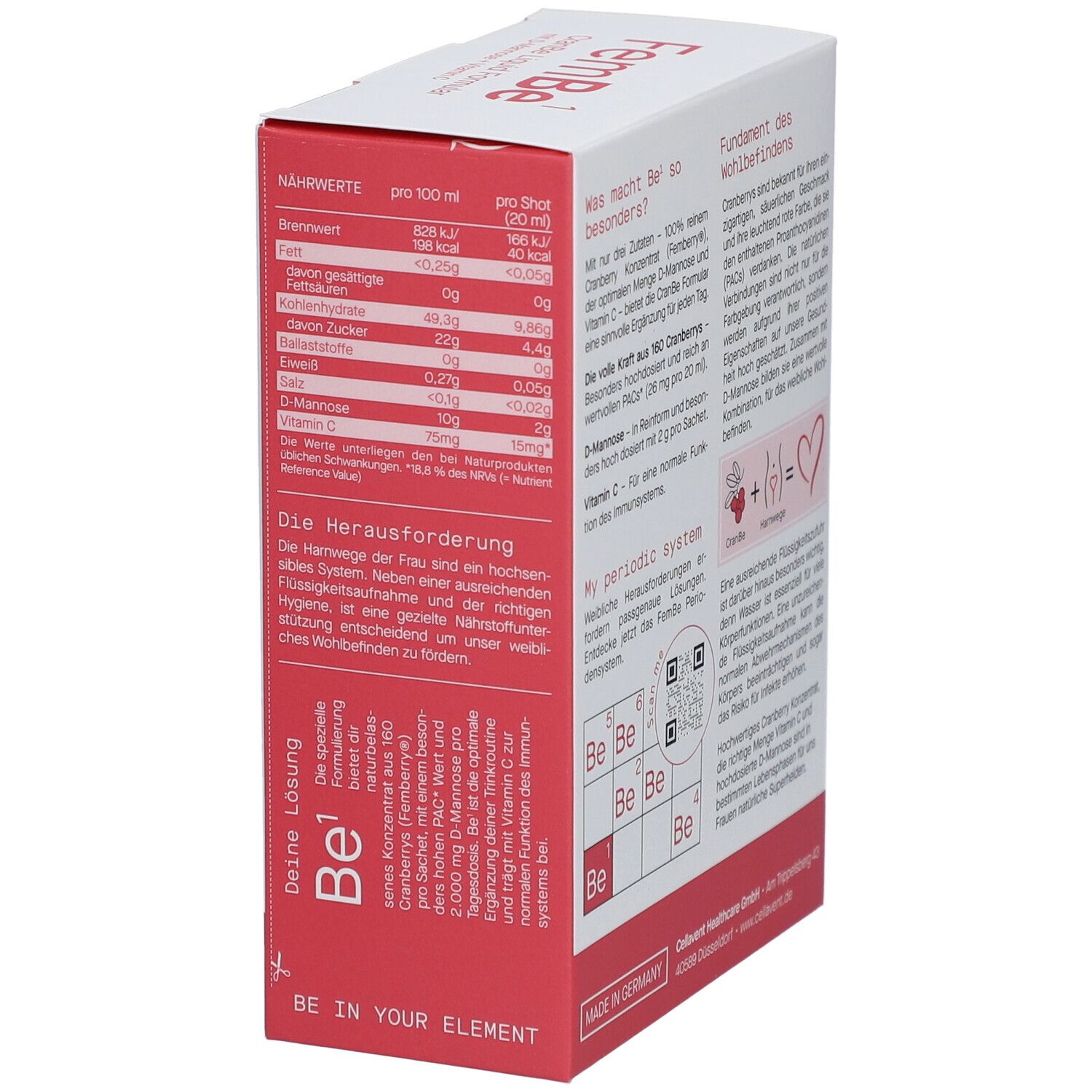 Schachtel mit Nährwertangaben und Produktinformationen. "FemBe Be¹ CranBe Liquid Formular". Enthält D-Mannose und Vitamin C.