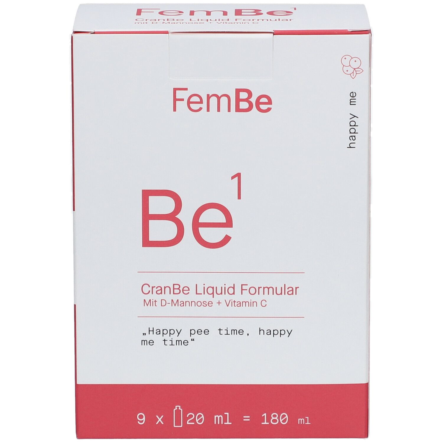 Weiße Schachtel mit roter Schrift. "FemBe Be¹ CranBe Liquid Formular". 9 x 20 ml. Enthält D-Mannose und Vitamin C.