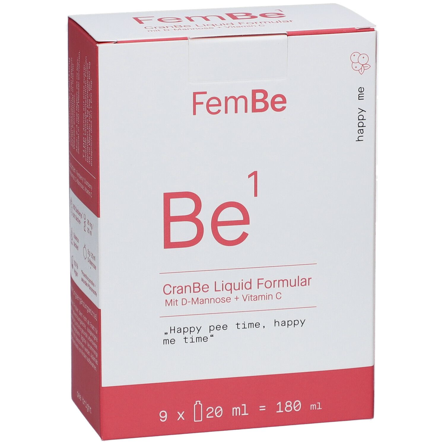 Weiße Schachtel mit roter Schrift. "FemBe Be¹ CranBe Liquid Formular". 9 x 20 ml. Enthält D-Mannose und Vitamin C.