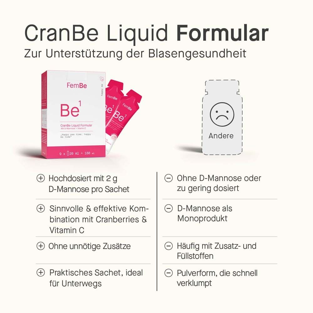 CranBe Liquid Formular. Verpackung und Beutel. Text: Hochdosiert, Kombination mit Cranberries & Vitamin C, praktisches Sachet.