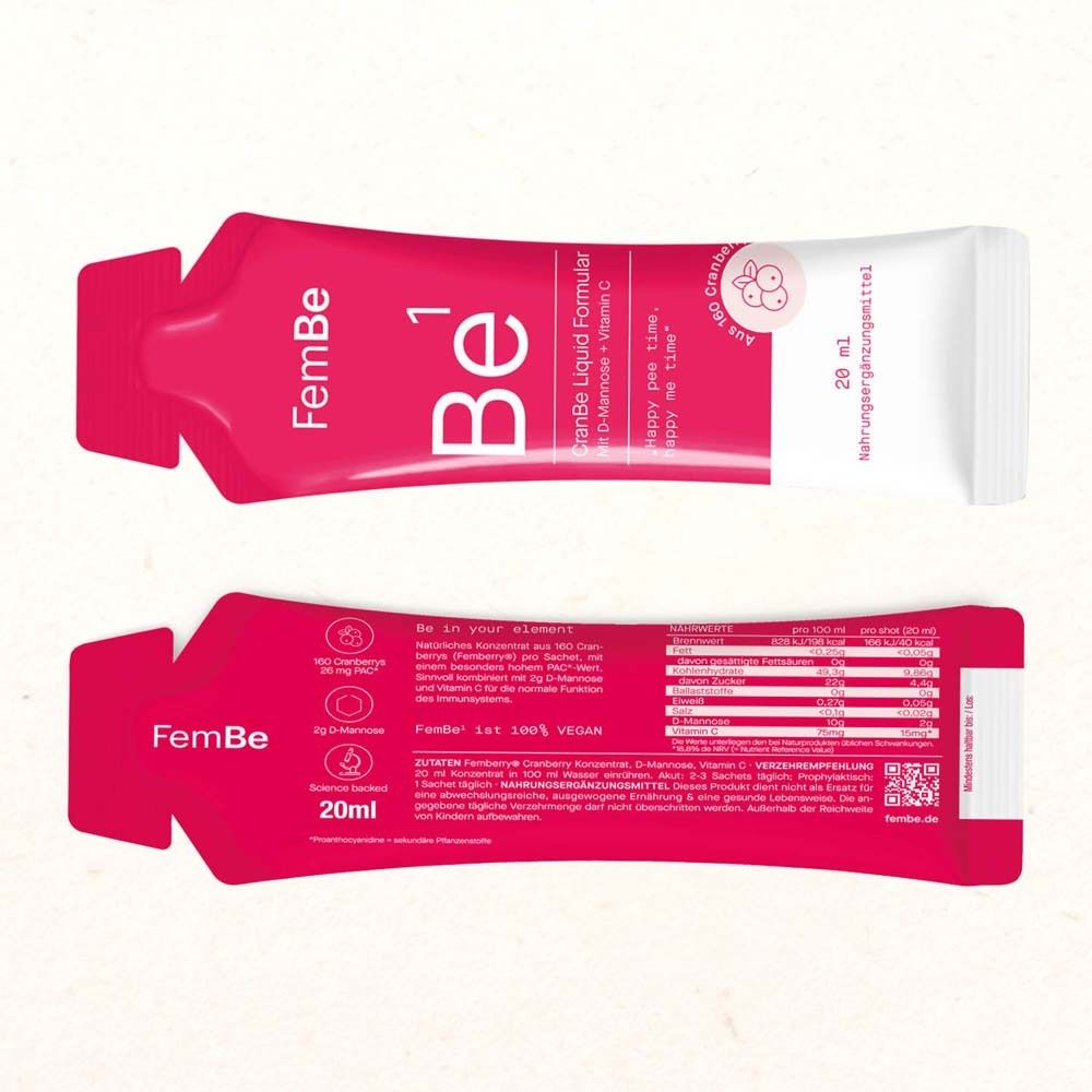 Beutel mit CranBe Liquid Formular. Rosa und weiß. Text: CranBe Liquid Formular, D-Mannose + Vitamin C. Rückseite mit Inhaltsstoffen.