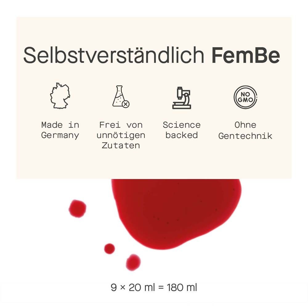 Text: Selbstverständlich FemBe. Logos: Made in Germany, frei von unnötigen Zutaten, Science backed, ohne Gentechnik. Rote Flüssigkeit.