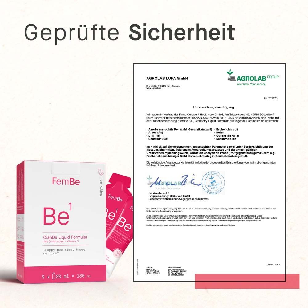 Verpackung und Beutel von FemBe Be¹ CranBe Liquid Formular. Text: Geprüfte Sicherheit. Zertifikat von Agrolab.
