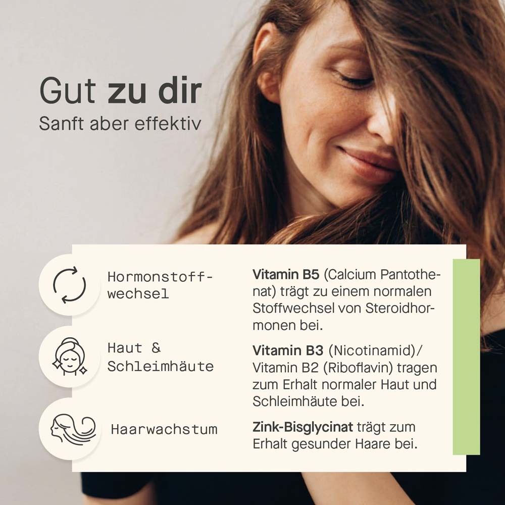 Informationen zu Inhaltsstoffen. Hormonstoffwechsel, Haut & Schleimhäute, Haarwachstum. Vitamine.