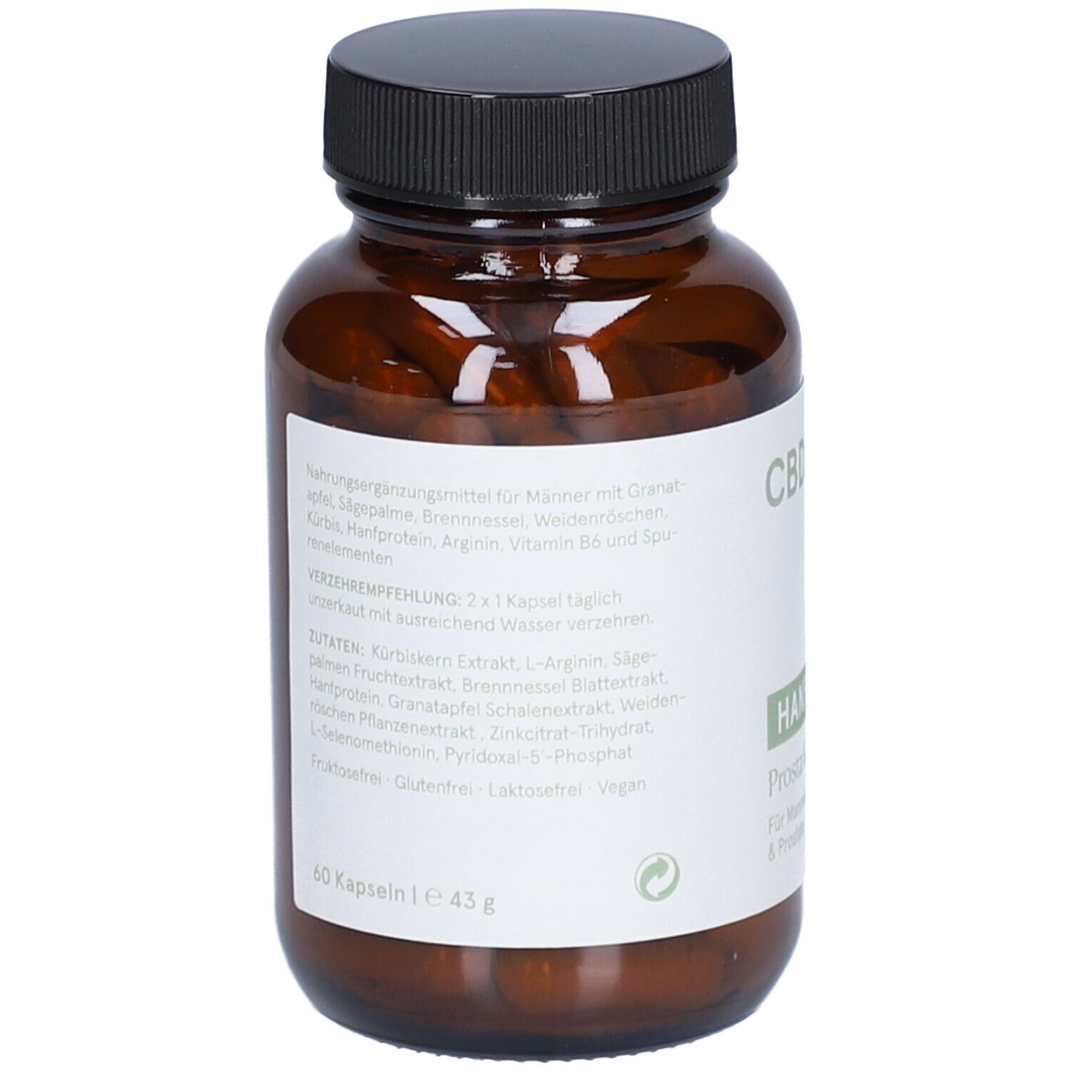 Braune Flasche mit schwarzem Deckel. Aufkleber mit Produktinformationen und Inhaltsstoffen. Kapseln sichtbar.