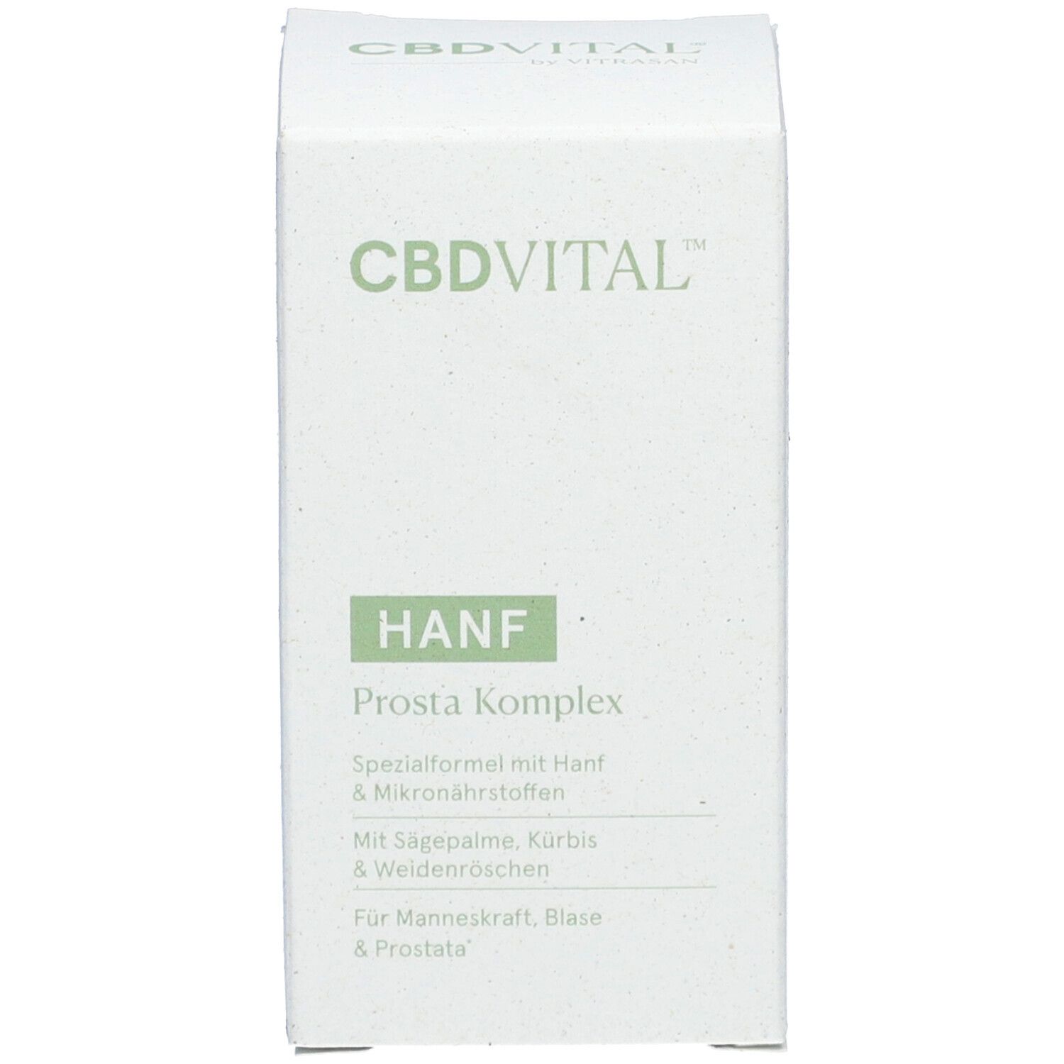 Weiße Schachtel mit Produktinformationen. Grün und weißes Design. Text: Hanf Prosta Komplex.