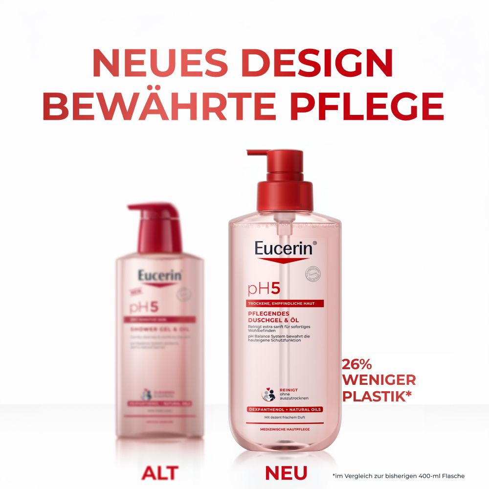 Eucerin Duschgel & Öl: Neues Design, bewährte Pflege, 26% weniger Plastik.