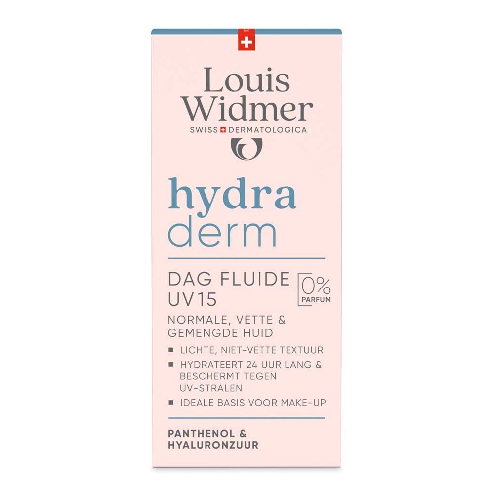 Rosa Verpackung mit weißer Schrift. Aufschrift: Louis Widmer hydra derm Dag Fluide UV15. Für normale, fettige & Mischhaut.
