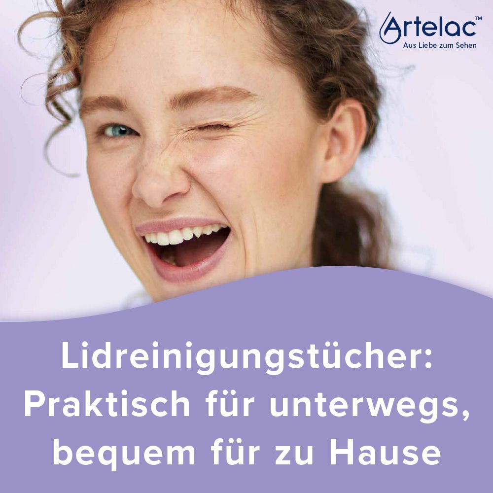 Frau zwinkert. Text: Lidreinigungstücher: Praktisch für unterwegs, bequem für zu Hause. Lila Hintergrund.