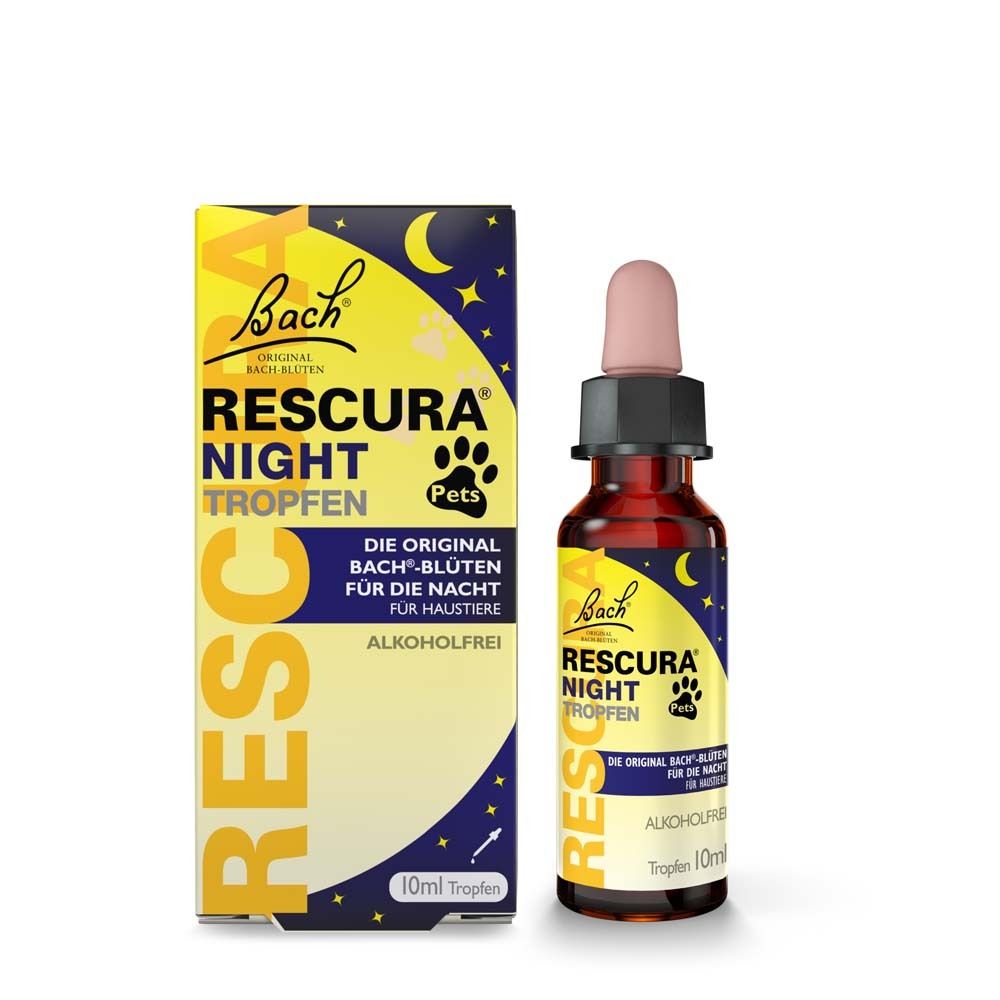 Tropfenflasche und Schachtel. Aufschrift: RESCURA NIGHT Tropfen, alkoholfrei. 10ml.
