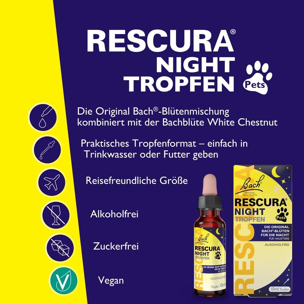 Blau-gelbe Infografik. RESCURA NIGHT Tropfen. Alkoholfrei, zuckerfrei, vegan.