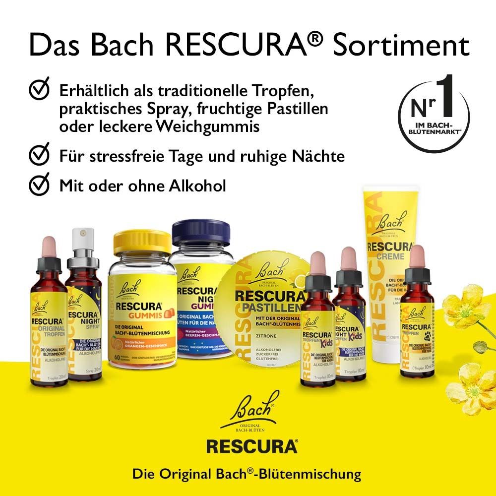 Das Bach RESCURA Sortiment. Tropfen, Spray, Pastillen, Weichgummis. Mit oder ohne Alkohol.