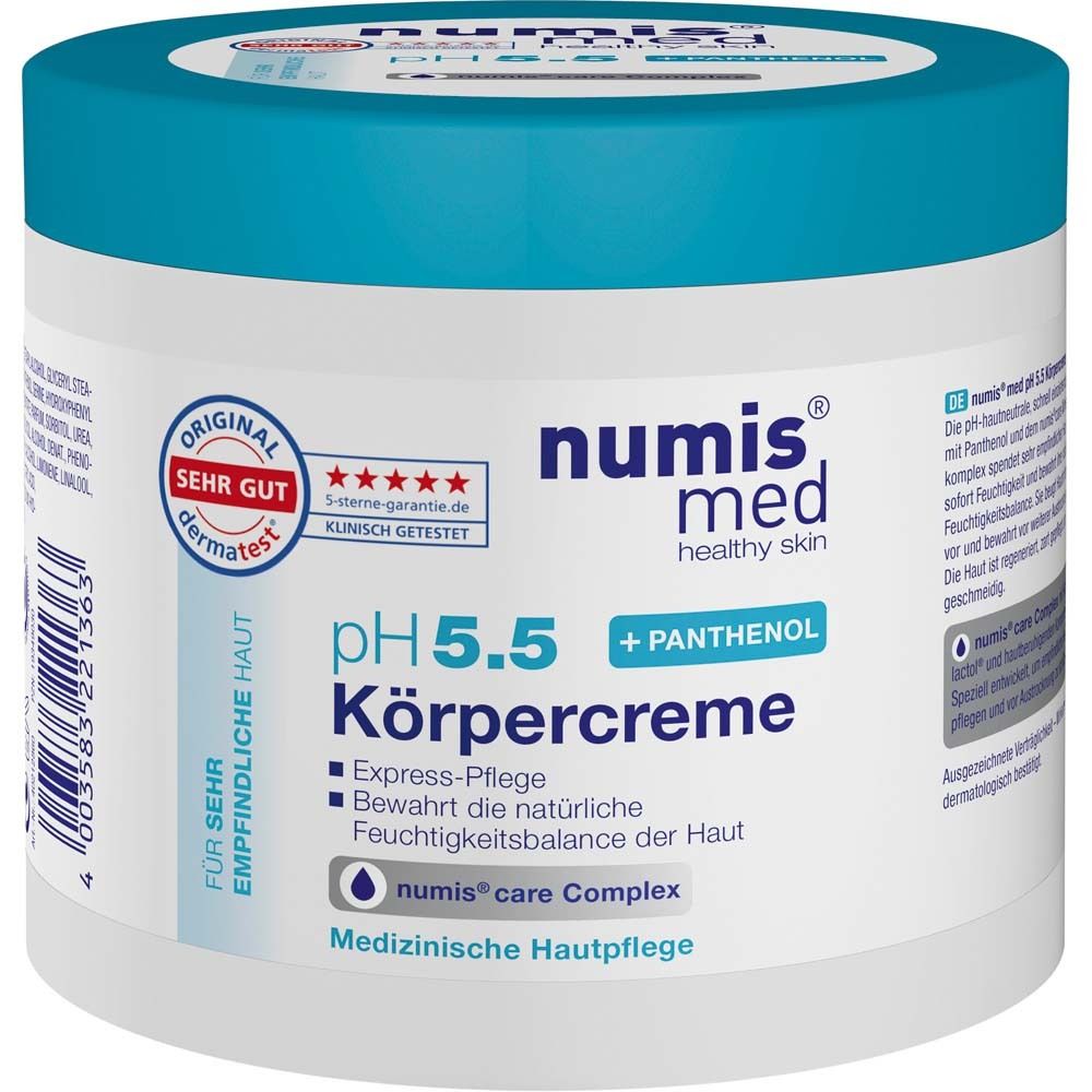 Cremebehälter mit blauem Deckel. Aufschrift: numis med pH 5.5 Körpercreme. Dermatest-Siegel.