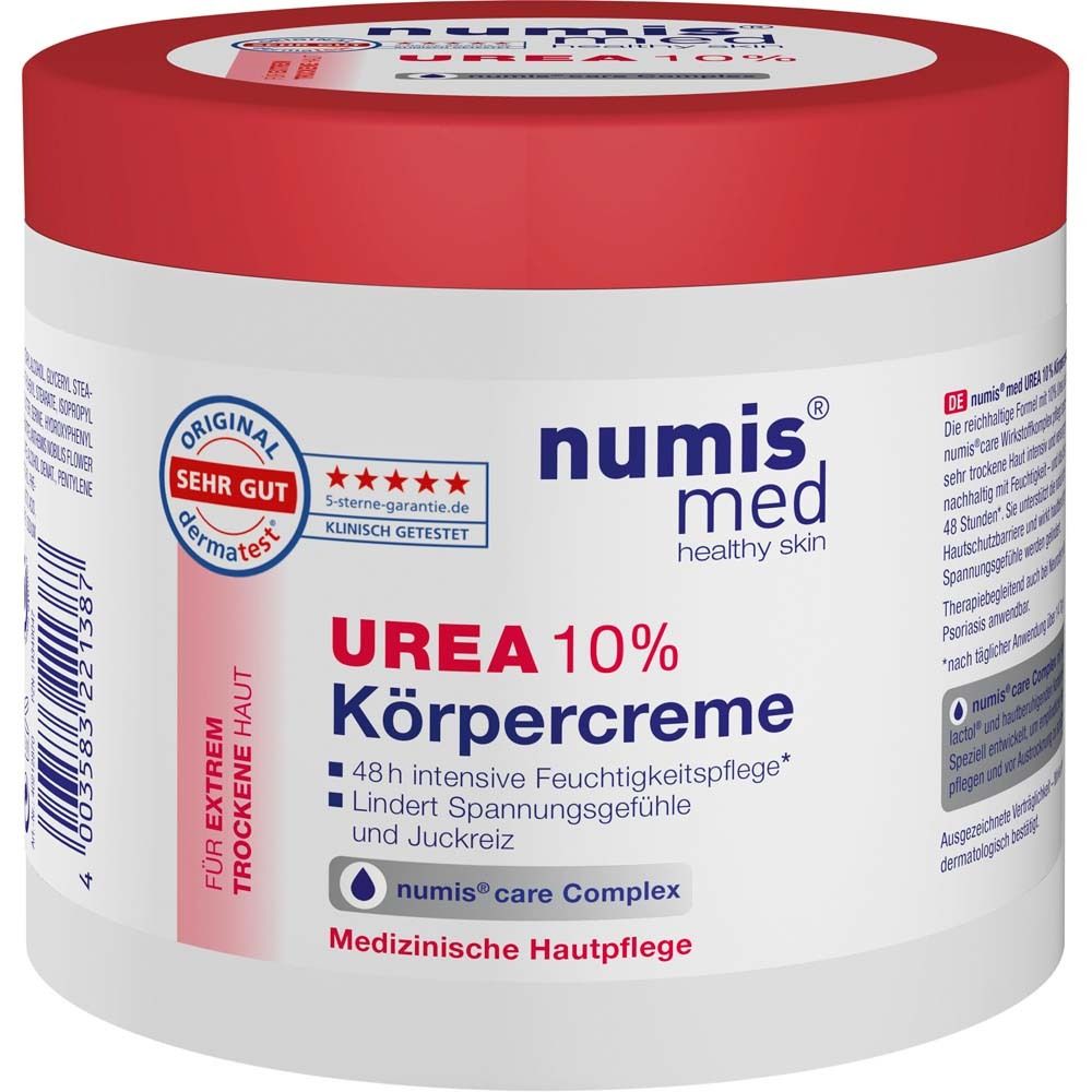 Weißer Tiegel mit rotem Deckel. Aufschrift: UREA 10% Körpercreme, numis med. Dermatest-Siegel.