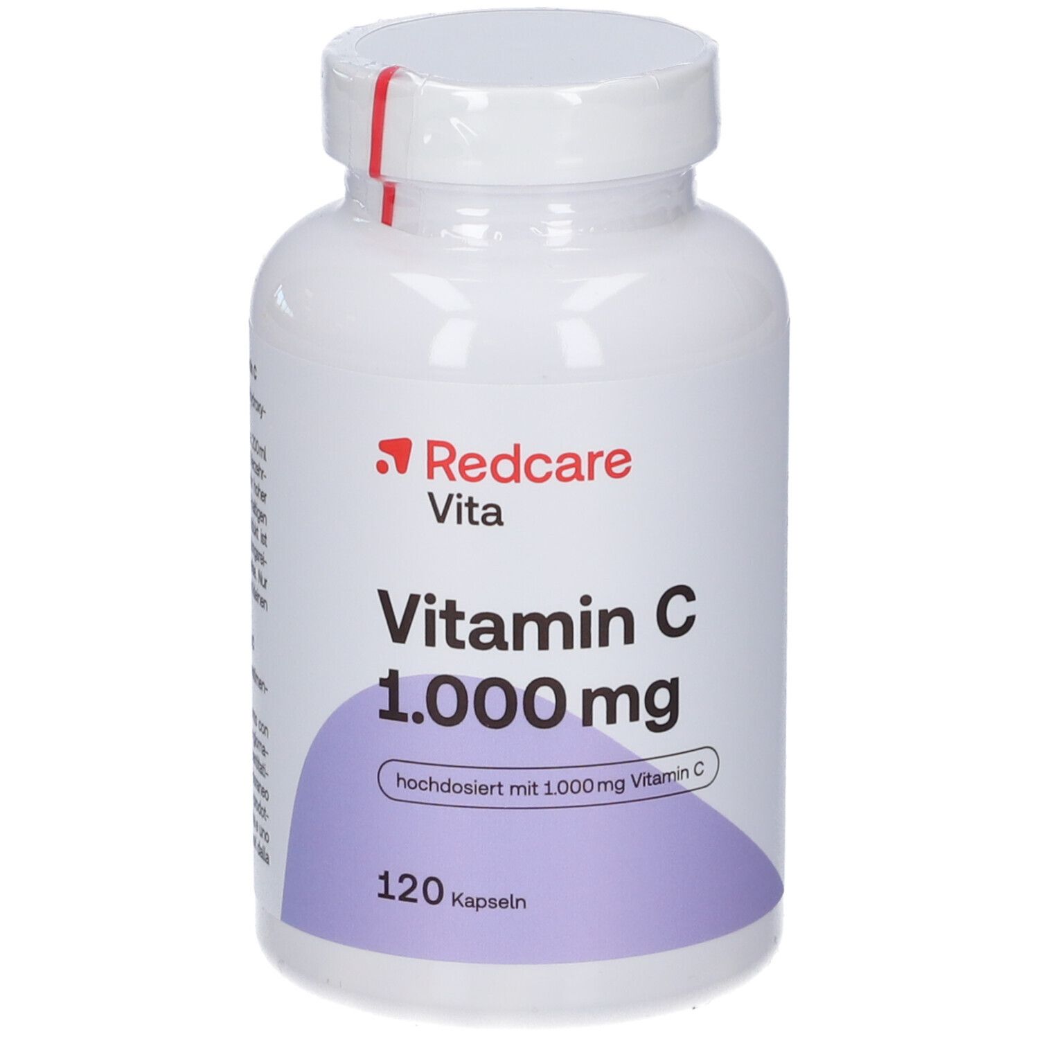 Weiße Flasche mit Vitamin C Kapseln. Aufschrift: Redcare Vita, Vitamin C 1.000 mg, 120 Kapseln.