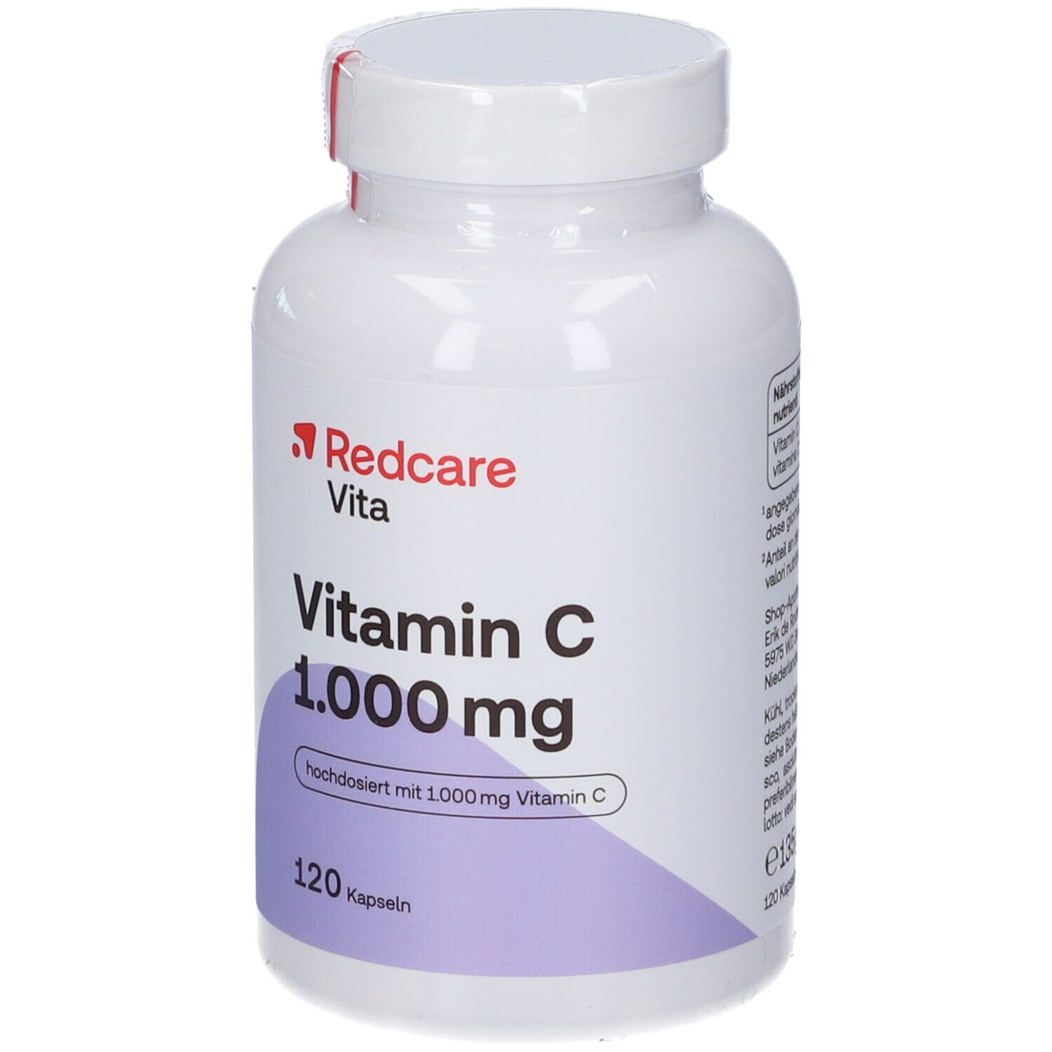 Weiße Flasche mit Vitamin C Kapseln. Aufschrift: Redcare Vita, Vitamin C 1.000 mg, 120 Kapseln.