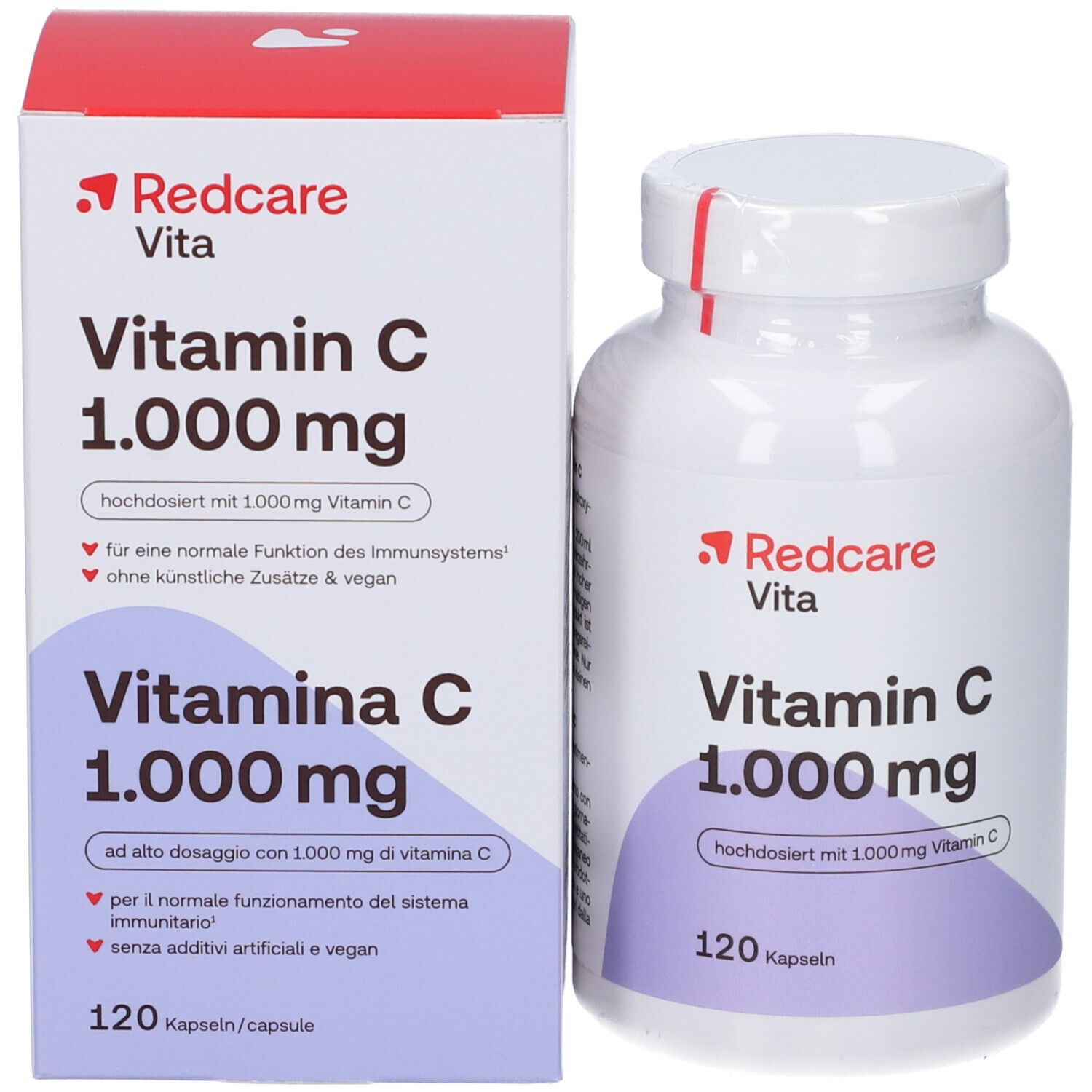 Vitamin C Flasche und Schachtel. Aufschrift: Redcare Vita, Vitamin C 1.000 mg, 120 Kapseln. Vegan.