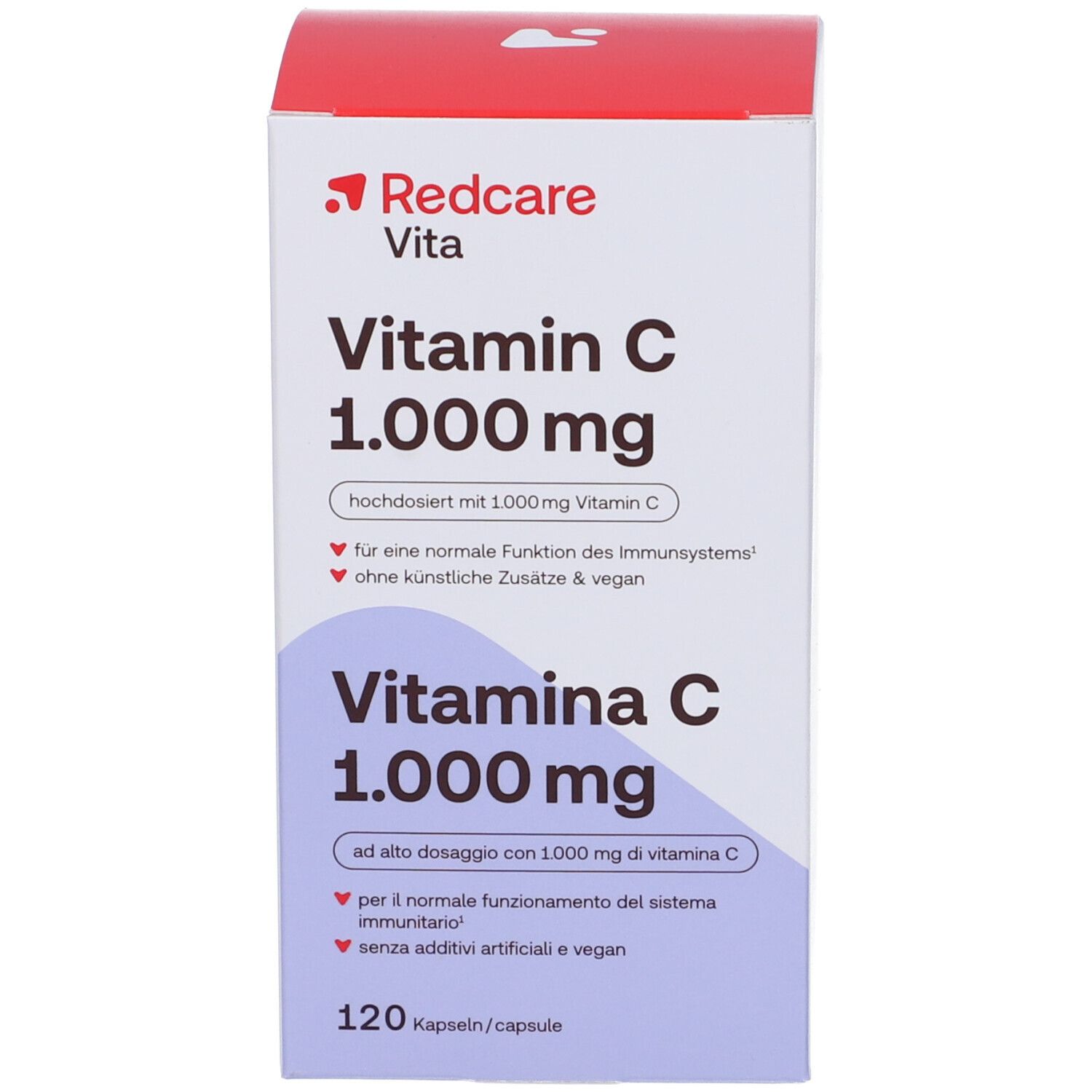Vitamin C Schachtel. Aufschrift: Redcare Vita, Vitamin C 1.000 mg, 120 Kapseln. Vegan.