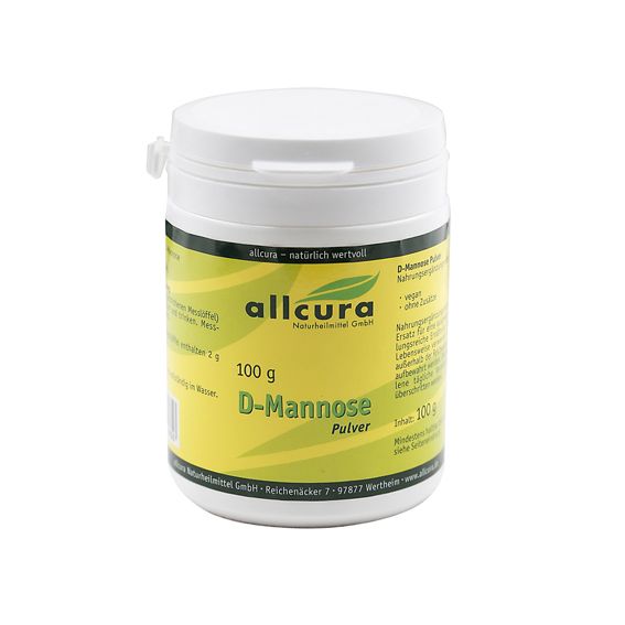 Weiße Dose mit gelbem Etikett. Aufschrift: allcura D-Mannose Pulver, 100 g. Deckel mit Verschluss.