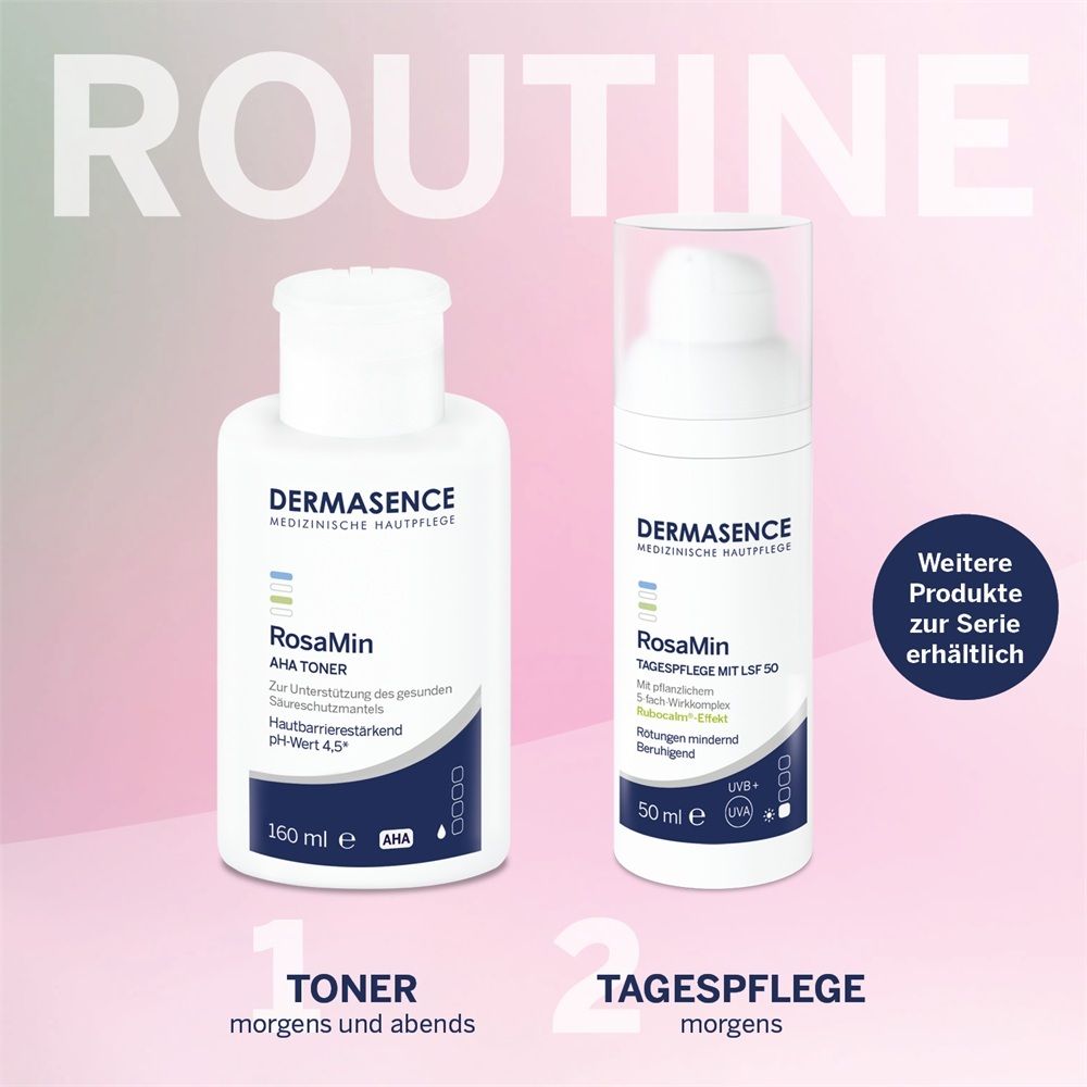 DERMASENCE RosaMin AHA Toner (160 ml) und Tagespflege mit LSF 50 (50 ml).