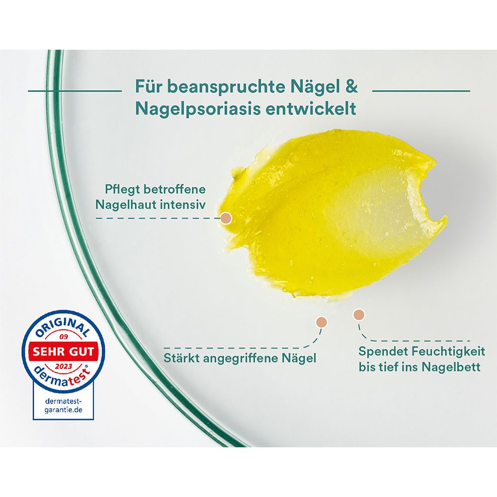 Gelbe Creme auf weißem Untergrund. Text zeigt Vorteile: Nagelpsoriasis, Nagelpflege, Stärkung, Feuchtigkeit.