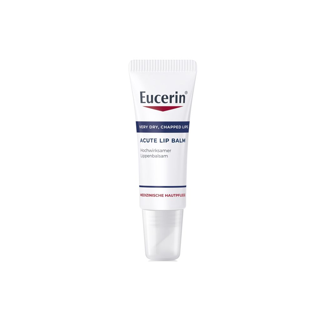 Eucerin Acute Lip Balm. Weiße Tube mit roter und blauer Schrift. Produkt für trockene Lippen.