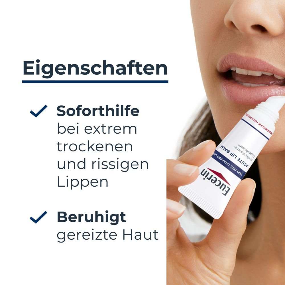 Eigenschaften: Soforthilfe bei trockenen Lippen. Beruhigt gereizte Haut. Eucerin Acute Lip Balm.