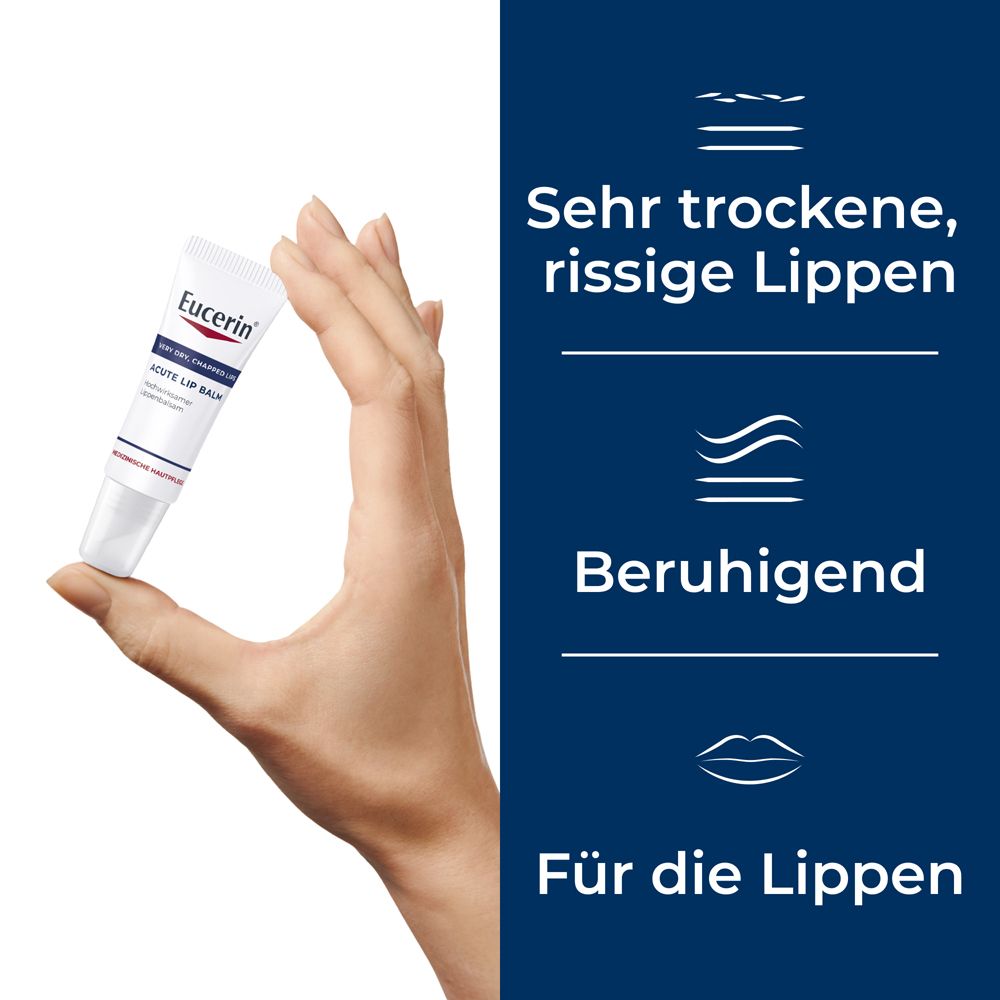 Eucerin Acute Lip Balm. Weiße Tube in Hand. Hilft bei trockenen Lippen. Beruhigend.