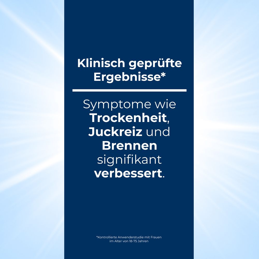 Text: Klinisch geprüfte Ergebnisse. Symptome wie Trockenheit, Juckreiz und Brennen verbessert.