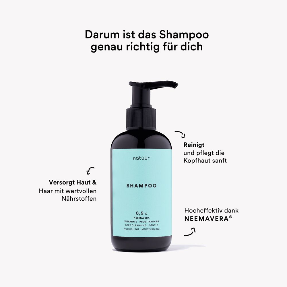 Flasche natüür SHAMPOO mit Pumpspender, umgeben von Text und Grafiken, die Vorteile hervorheben.