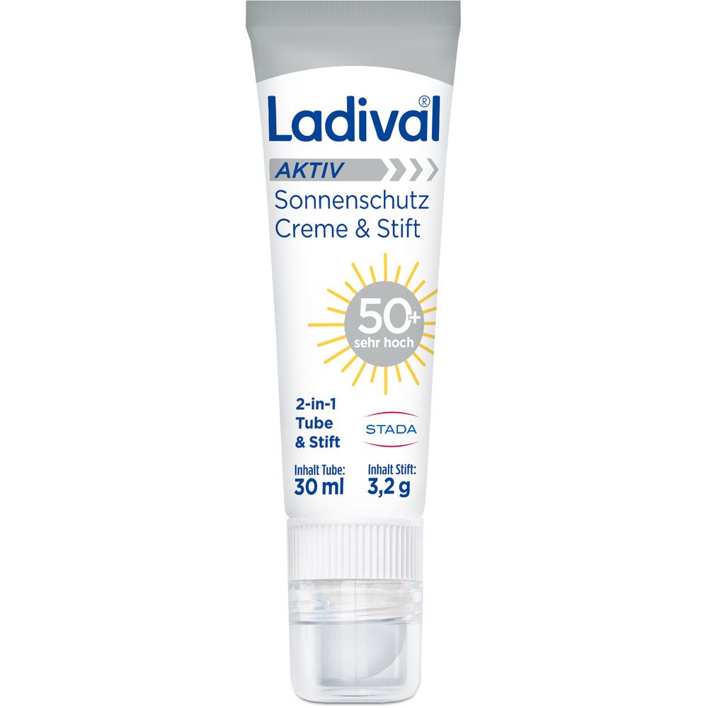 Ladival Aktiv Sonnenschutz Creme & Stift SPF 50+ Tube und Stift. 2-in-1 Produkt. Enthält 30 ml Creme und 3,2 g Stift.