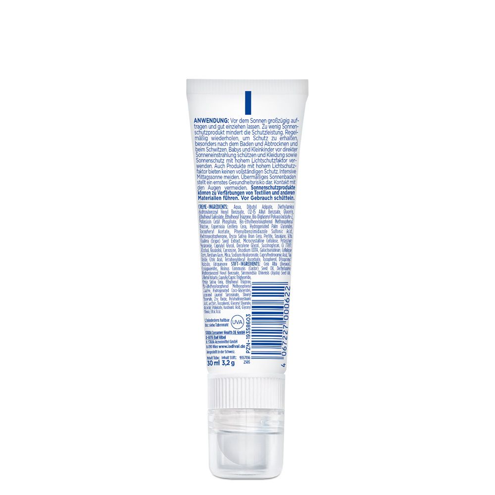 Rückseite der Ladival Aktiv Sonnenschutz Creme & Stift SPF 50+ Tube. Enthält Informationen zur Anwendung und Inhaltsstoffe.