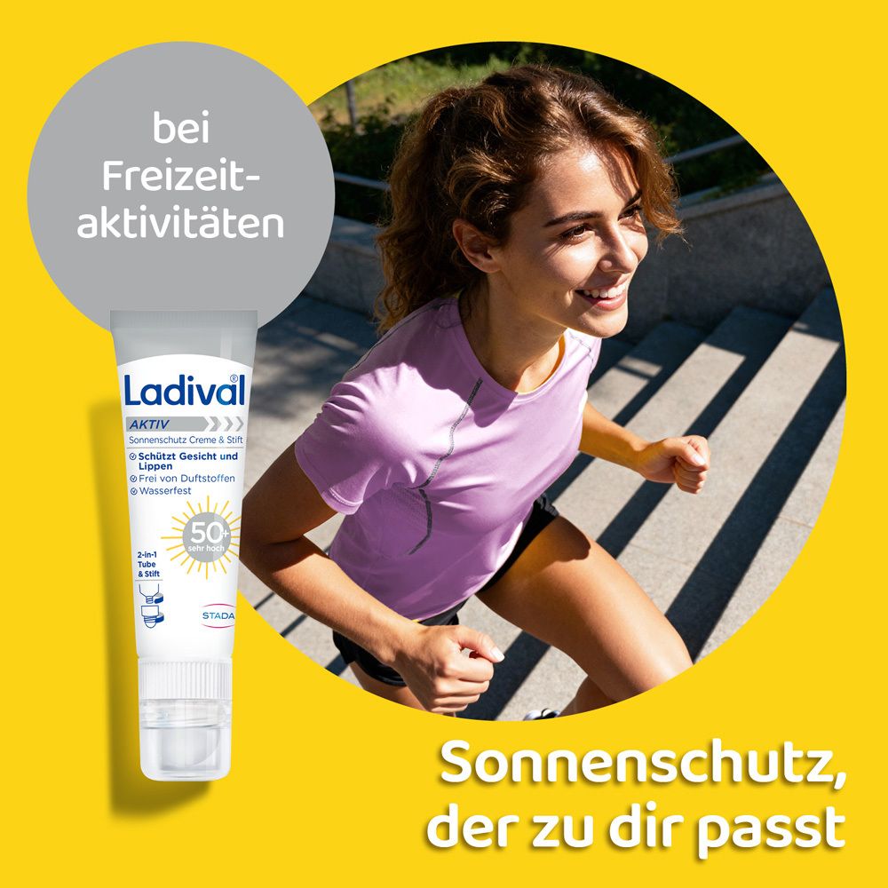 Frau beim Joggen. Ladival Aktiv Sonnenschutz Creme & Stift SPF 50+ neben ihr. Text: Sonnenschutz, der zu dir passt.