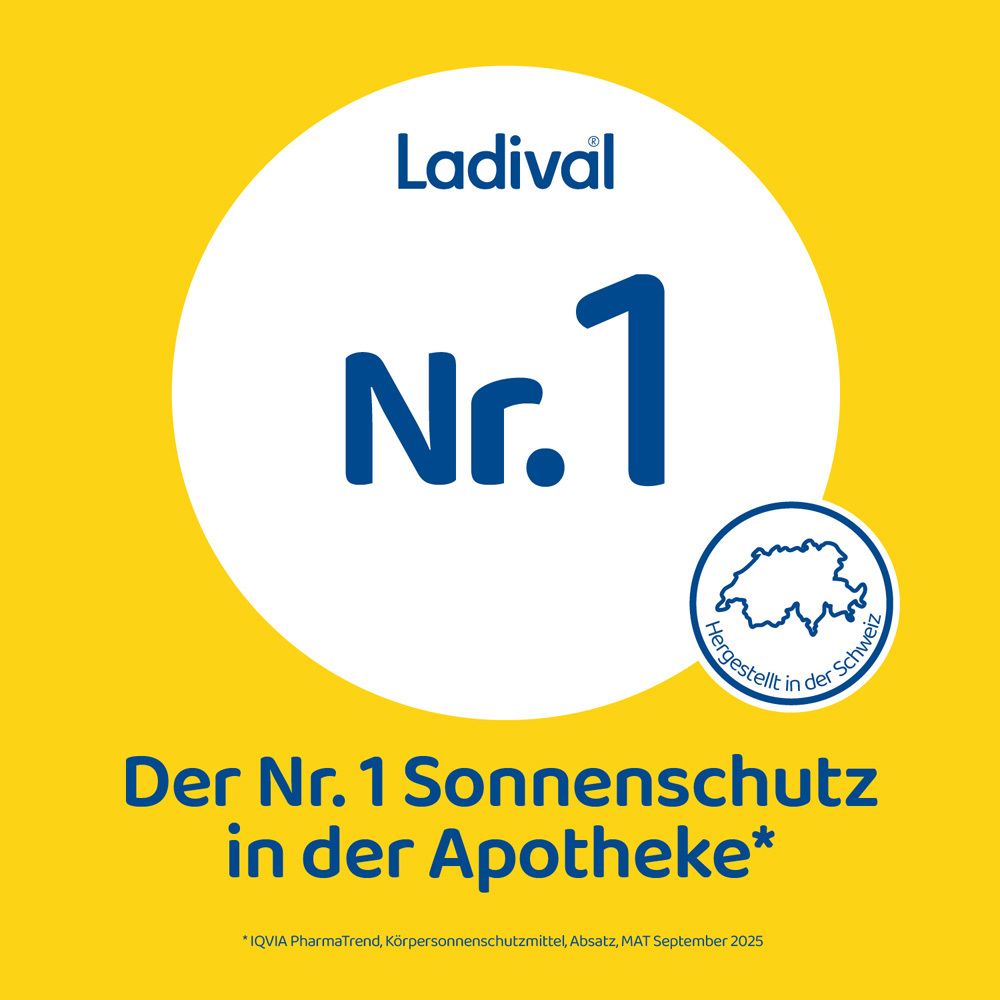 Weißer Kreis mit blauem Text: Nr. 1. Darunter: Der Nr. 1 Sonnenschutz in der Apotheke. Logo: Hergestellt in der Schweiz.
