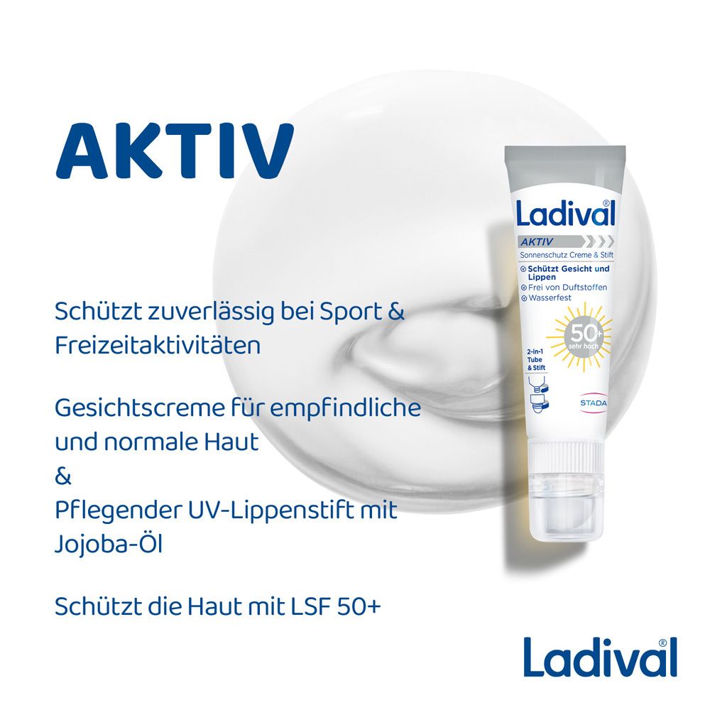 Ladival Aktiv Sonnenschutz Creme & Stift SPF 50+ neben Creme- und Lippenstift-Text. Schützt bei Sport & Freizeitaktivitäten.